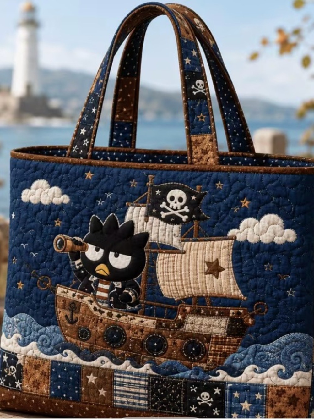 Sanrio Navy and Brown Pirate Ship Quilted Tote